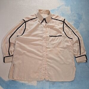 VTG 80s Nora Noh Pink Blouse Womens Size 10 100% Silk French‎ Cuff Black Piping